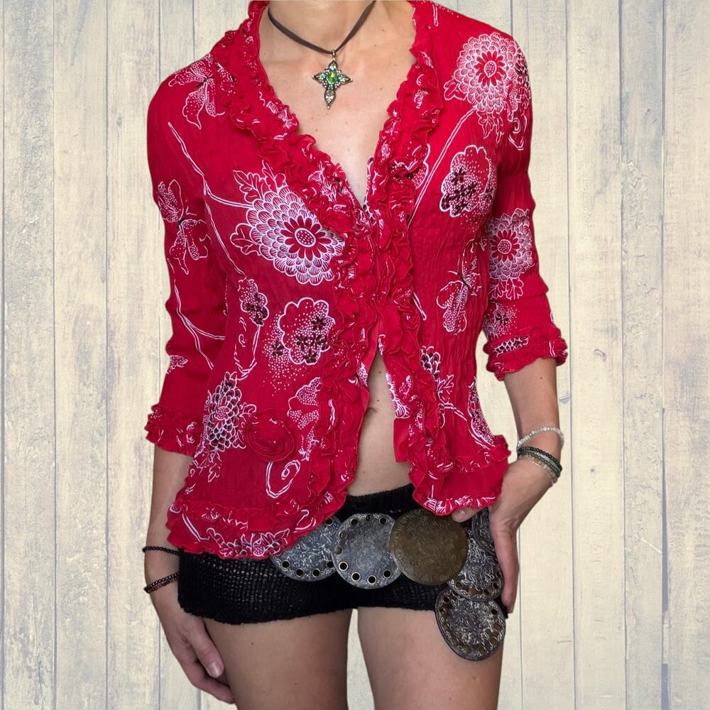 Euro Fairy Boho Ruffle Top Red Floral Butterfly Bandana Print Cottagecore Y2K M